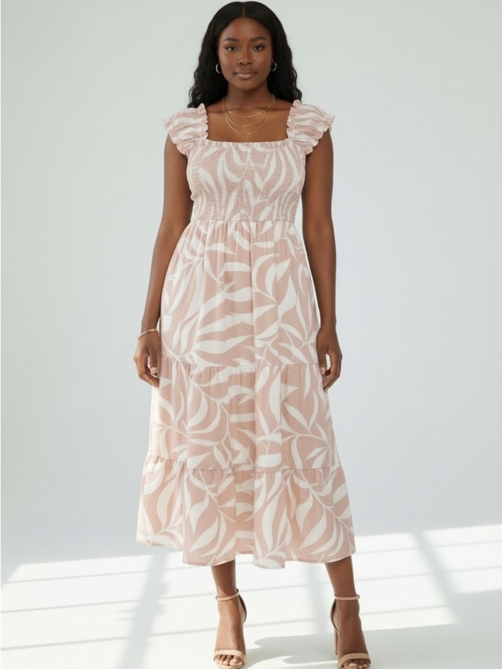 Blush and White Leaf Print Smocked Maxi Dress - Picture 3 of 6